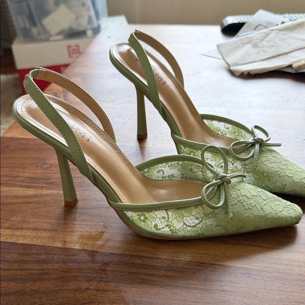 SIMMI London Lace Pointed Slingback Heels in Sage Green